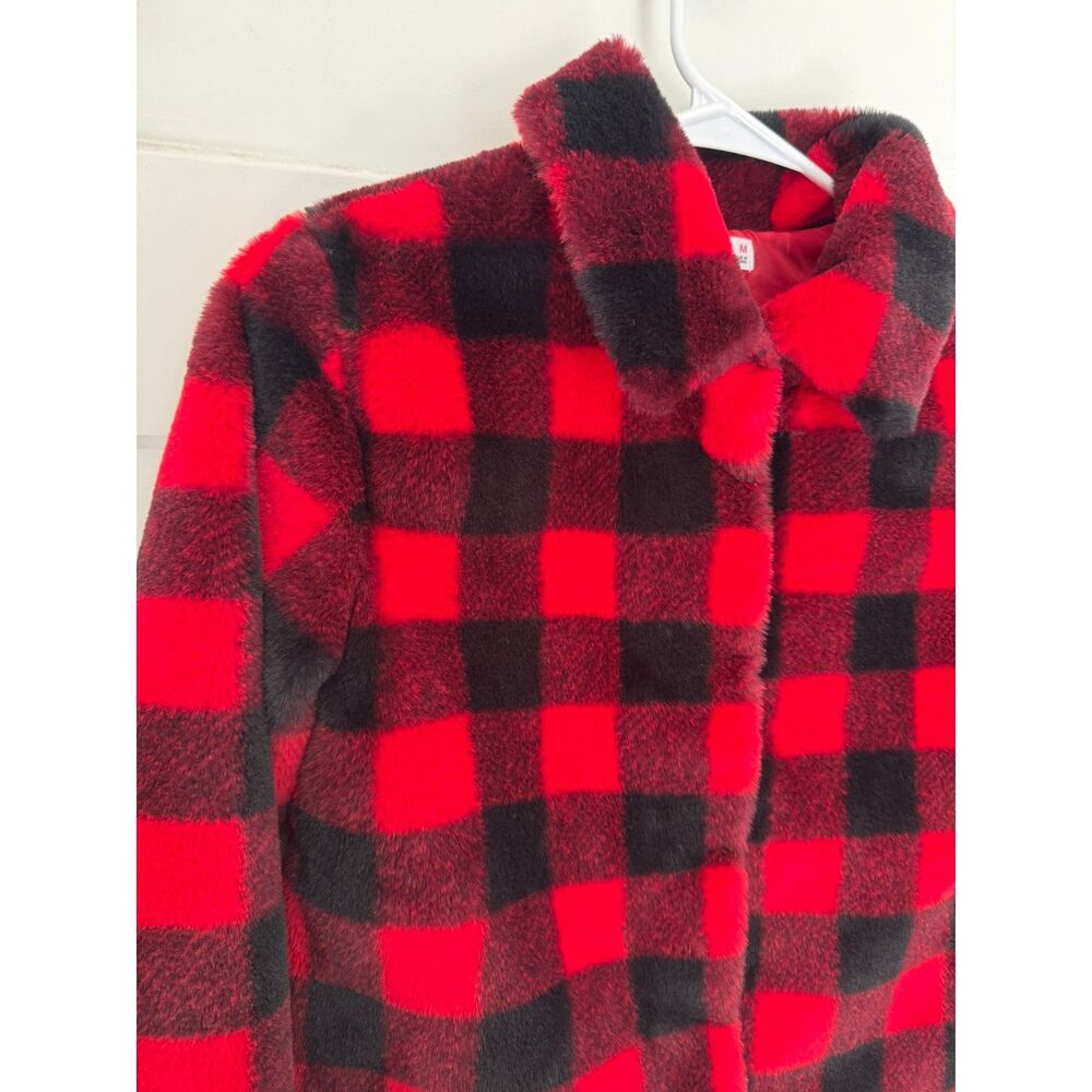 Epic Threads Girls M 7/8 Faux Fur Jacket Red Black Buffalo Plaid Plush Cozy Soft